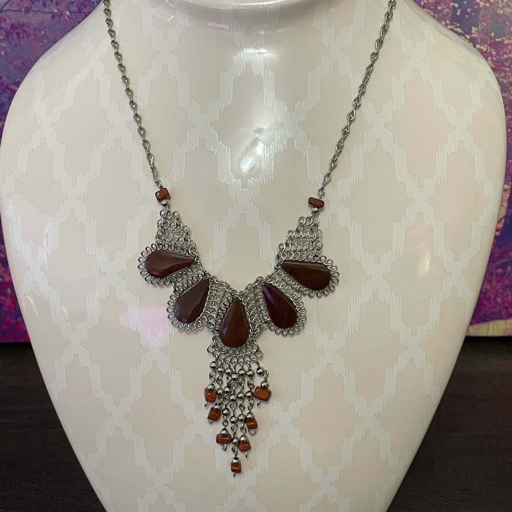 Silver and Brown Teardrop Pendant Necklace * Handmade‎ from Thailand